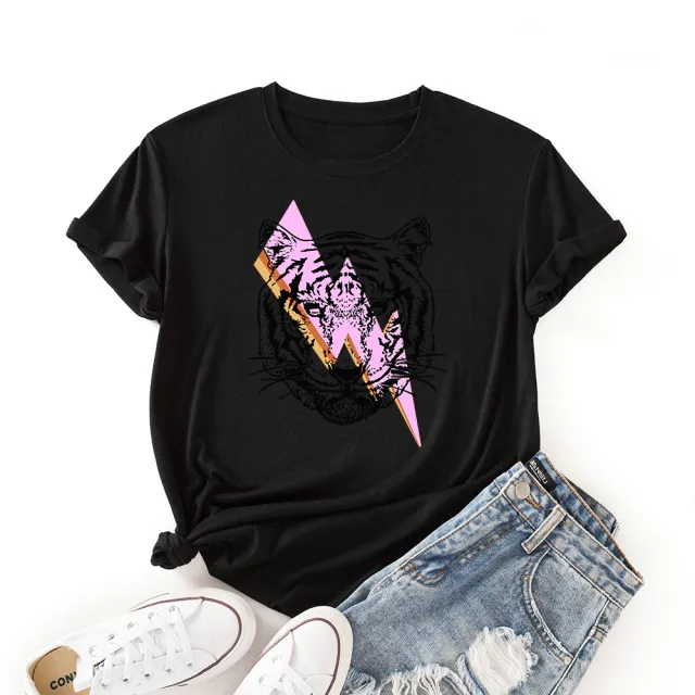 Women's Lightning Tiger Loose Round Neck Color Cotton Short Sleeve T Shirt Black - Shop at LoveMi