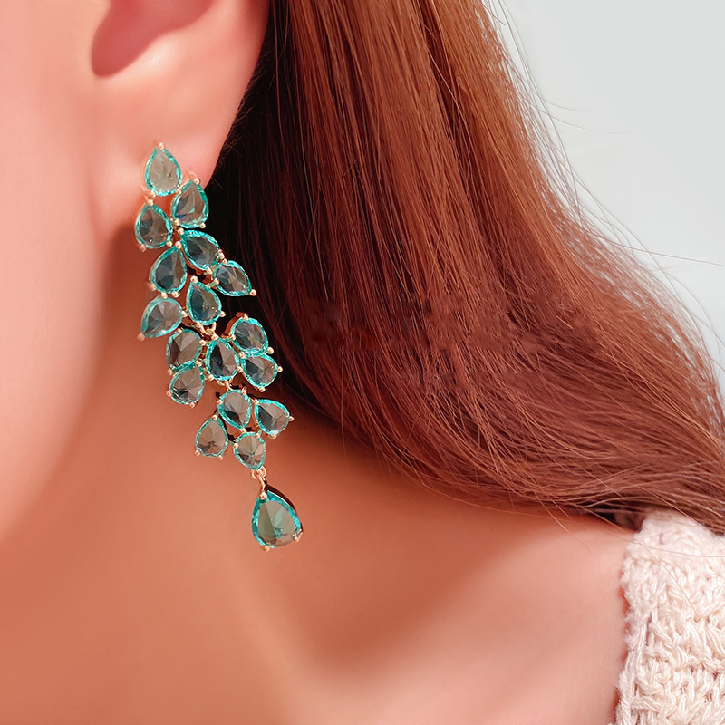 Exaggerated Green Diamond Leaf Fringe Leaf Long Drop Earrings