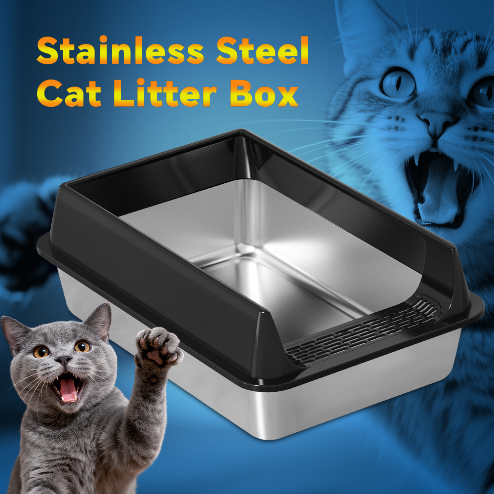Black Stainless Steel Cat Toilet, Durable & Easy Clean, Hourglass Pedal Design, Height-Adjustable, Ideal For Large & Multi-Cat Households