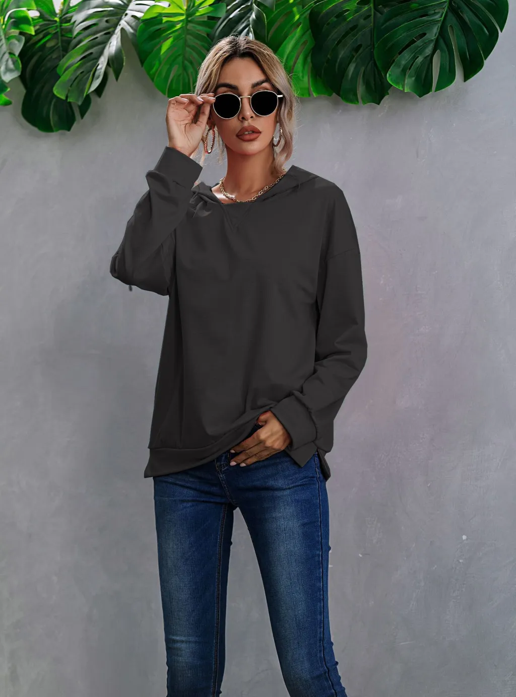 European And American Fleece Hooded Pullover Sweater Women's Color Matching - Black