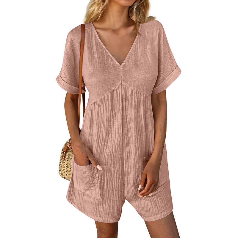 Damen Sommer Strampler Freizeit Kurzarm V-Ausschnitt Kurz Overalls mit Taschen - Bild 9 von 13
