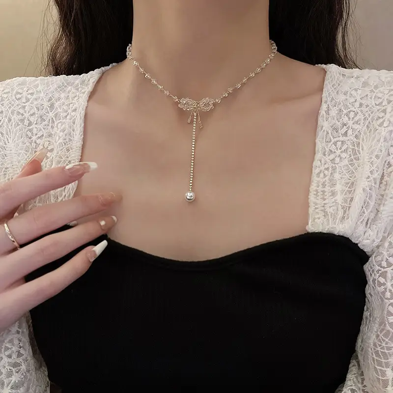 Women's Fashion Bow Crystal Tassel Pearl Pendant Necklace