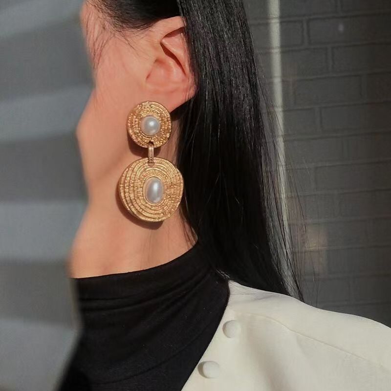 Retro Textured Pearl Long Earrings, Bold Hong Kong Style Pleated Dangles