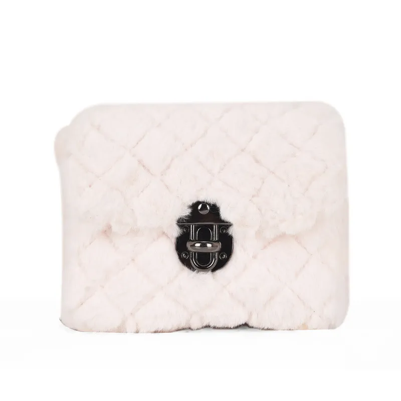 Lingge Rabbit Hair Women's New Versatile Chain One Shoulder Crossbody Bag - White