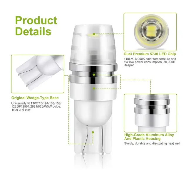 10PCS T10 LED Bulbs 194 LED Lights 12V 1W 5730 Xenon White Wedge