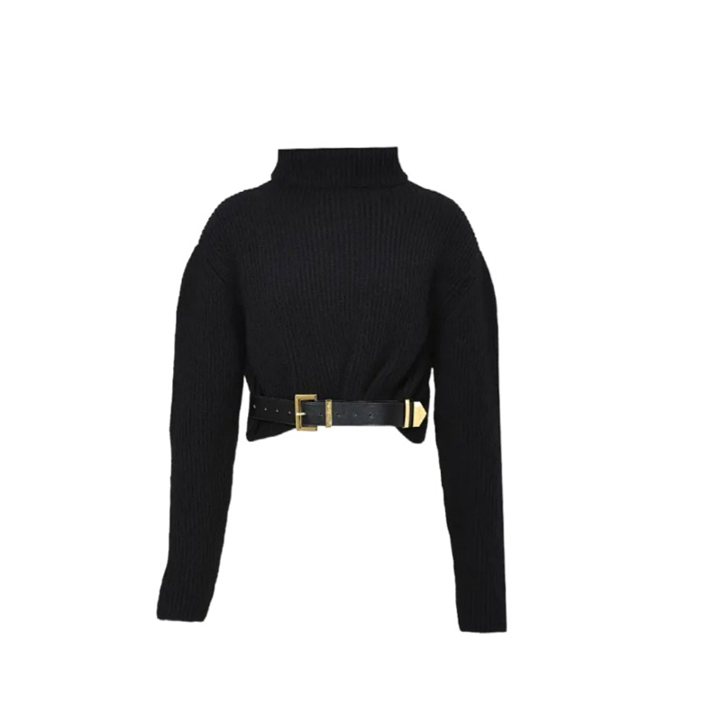 Design Sense Short Belt High Neck Black Sweater For Women