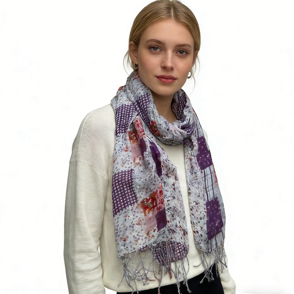 2pcs Feather Light Purple Lavender Floral Pattern Printed Long Scarf ,Versatile Everyday Scarf ,Pairs With All Casual Outfits,Office Appropriate Subtlety For Women Men