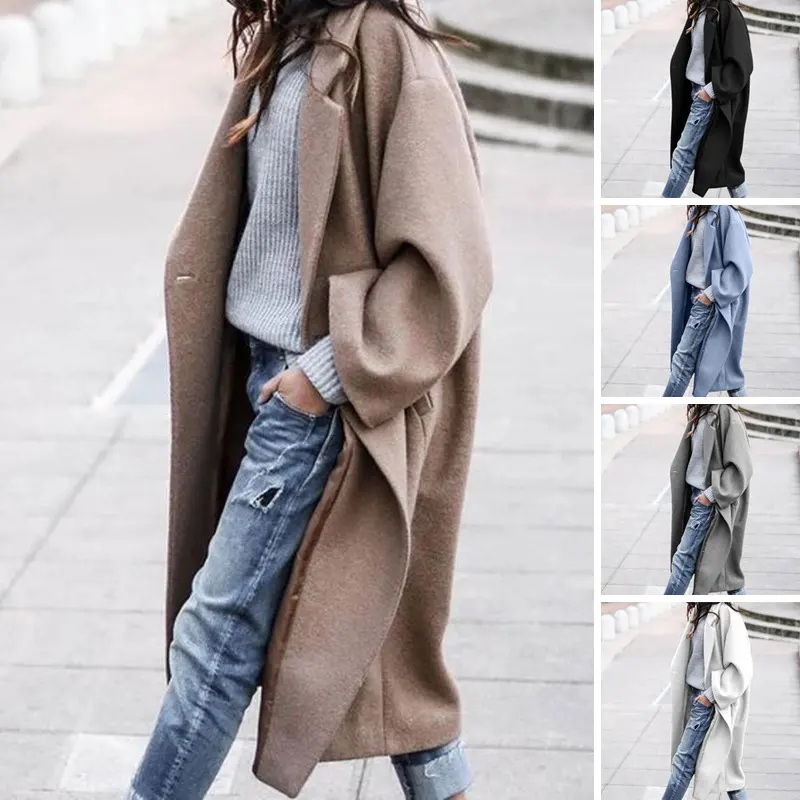 Casual Long Jacket with Pockets Solid Color Single Breasted