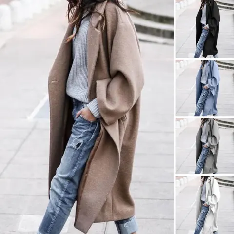Casual Long Jacket with Pockets Solid Color Single Breasted