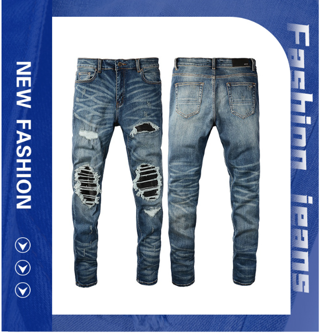 Title 3, Heren geplooide jeans met knie PU leren patches...