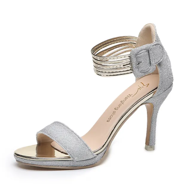 Shiny High Heels Buckle Toe Bag With Stiletto Heel Ladies Sandals Silver - Shop at LoveMi