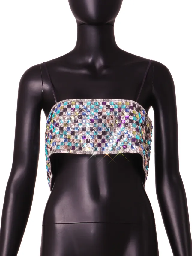 Metal Sheet Water Diamond Chain Strap Bra Top - Shop at LoveMi