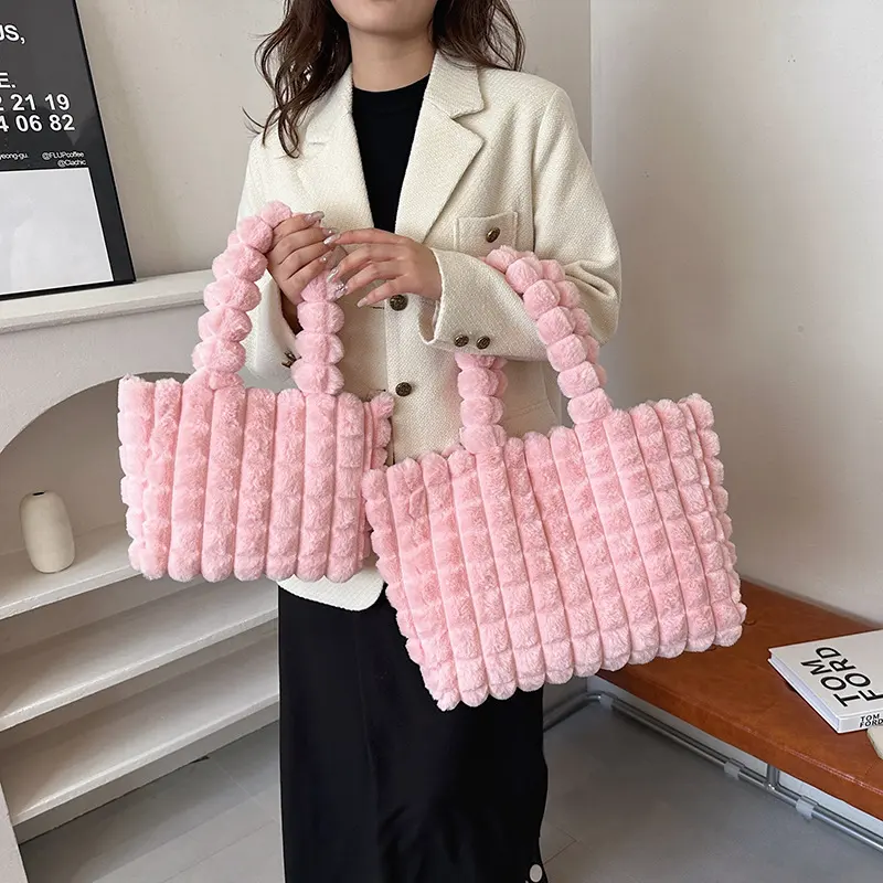 Plaid Handbags Winter Fashion High Capacity Shopping Plush Bag