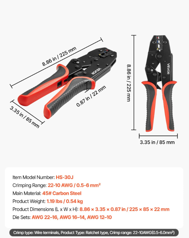 VEVOR Crimping Tool, 22-10 AWG Ratcheting Wire Crimper Tool, Labor-Saving Electrical Terminal Crimp Pliers With Clear Metric & AWG Markings, Quick Release, Adjustable Force For Multiple Terminals 6