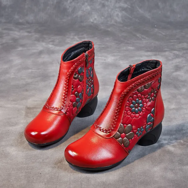 First Layer Cowhide Print Waterproof Mom Ankle Boots Red - Shop at LoveMi