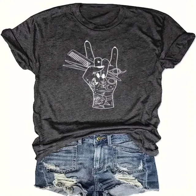 Women's Hand & Floral Print Crew Neck T shirt, Casual Short Sleeve Top For Spring & Summer Gray - Shop at LoveMi