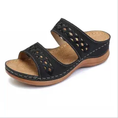 Thick Sole Retro Sewing Ethnic Style Casual Women's Slippers - Black - View 1