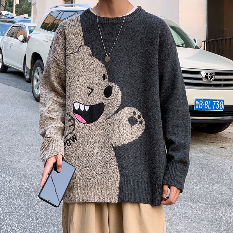 Sweater Boys Loose Korean Version Plus Velvet Thickening Trend Personality Bear Bottoming Sweater