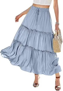Women's Elastic High Waist A-Line Pleated Casual Maxi Dress - 3Color - View 1