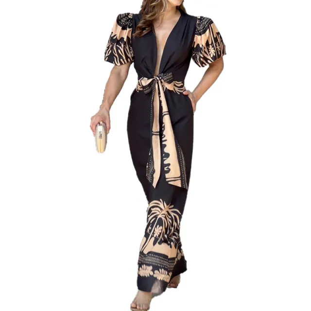 Large Women's Super Low Neck Bubble Sleeve Long Dress Palm Tree Print - Shop at LoveMi