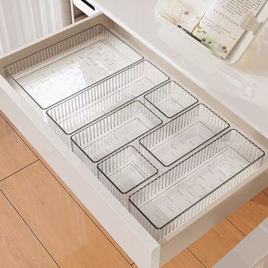 7&10X Drawer Organiser Set Clear Makeup Trays Plastic Desk Drawer Dividers Boxes