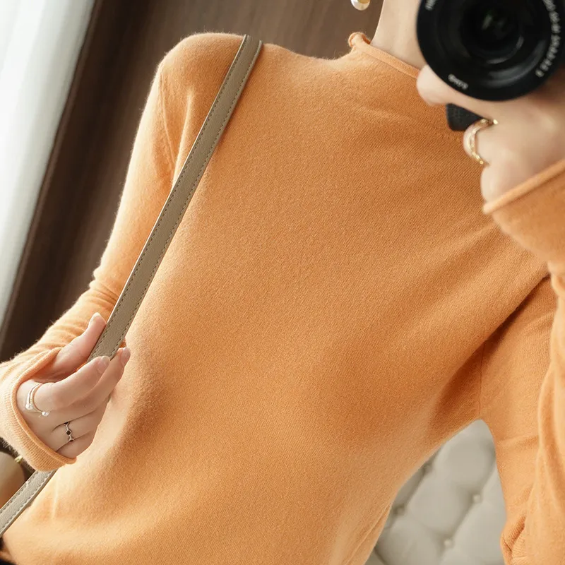 Loose Fashion Long-sleeved Inner Collar Knitted Bottoming Shirt - Light Orange