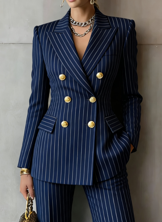 Retro Geometric Double-breasted Suit Jacket For Women, Long-sleeved, Slim Fit, Suitable For Commuting.