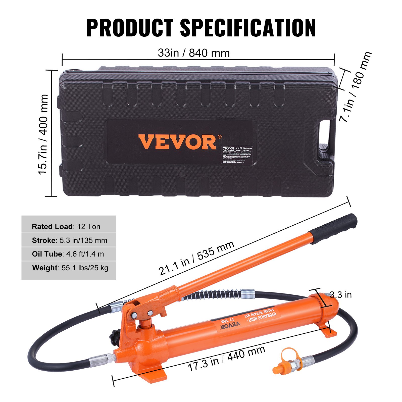 12 Ton Porta Power Kit Hydraulic Ram med 4.6 Ft 1.4 M Oil - Miniatyr 4