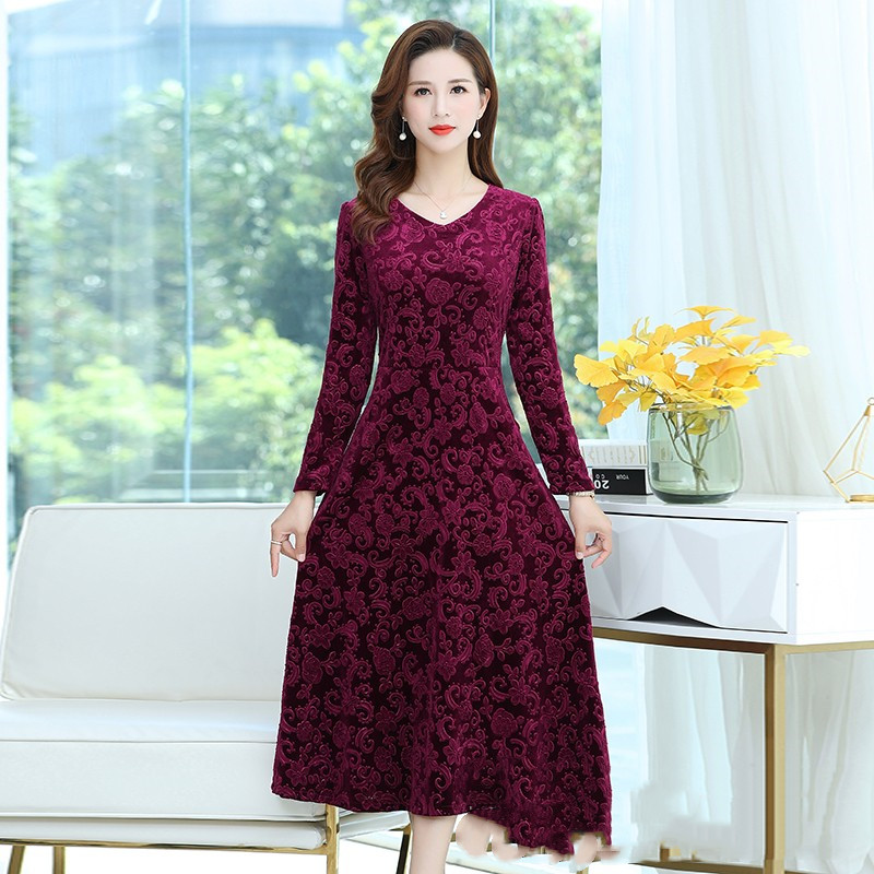 Ladies Fashion Gold Velvet Embroidered Dress — image 1
