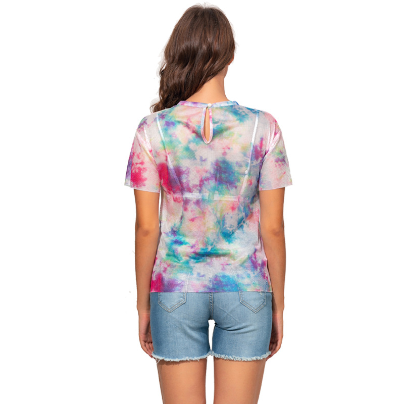 Title 3, Round Neck Short Sleeve See-through Print Top