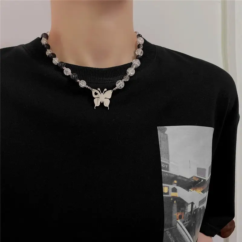 Black And White Ice Cracked Round Bead Clavicle Chain Titanium Steel Butterfly