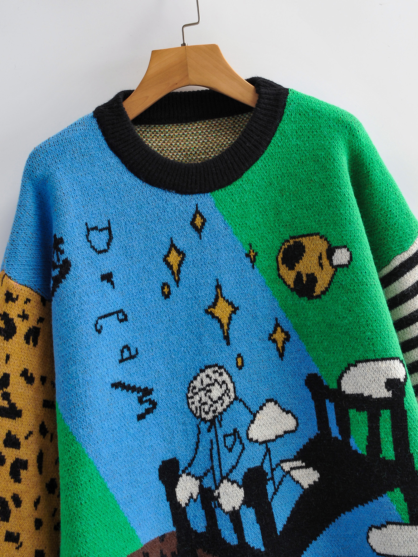 Casual Simple Contrast Jacquard Knitted Top Round Neck Pullover Padded Sweater