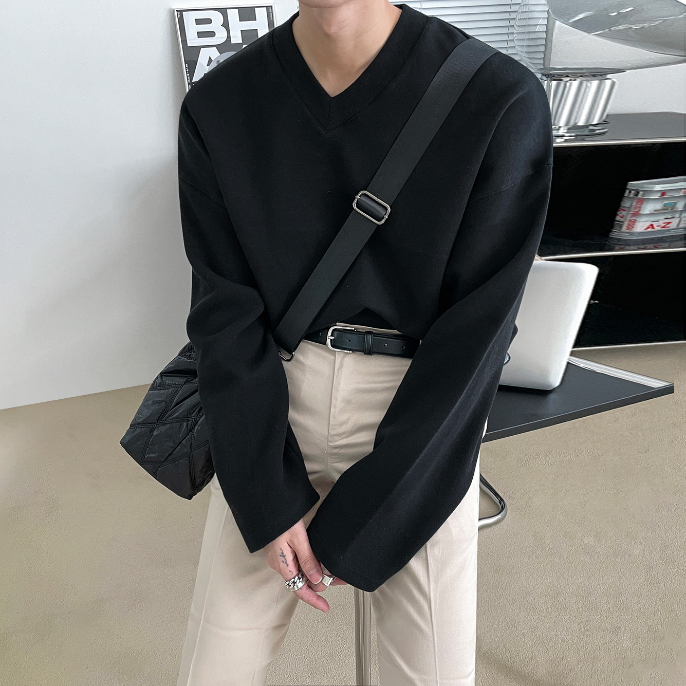 College Style Long-sleeved Shirt With V-neck Inside Men's Korean Trendy Jacket