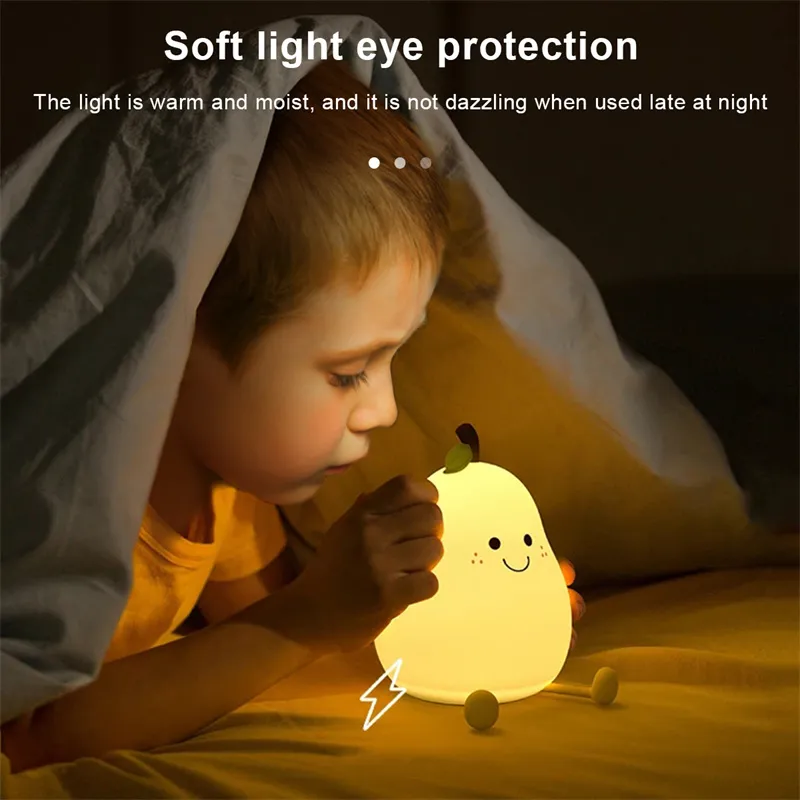 LED Pear Fruit Night Light USB Rechargeable Dimming Touch Silicone Table Lamp Bedroom Bedside Decoration Couple Gift Boby Light – image 7