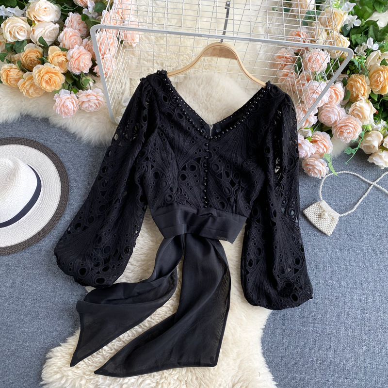 Title 9, Jacket Female Hollow Lace Puff Sleeve Tie Waist...