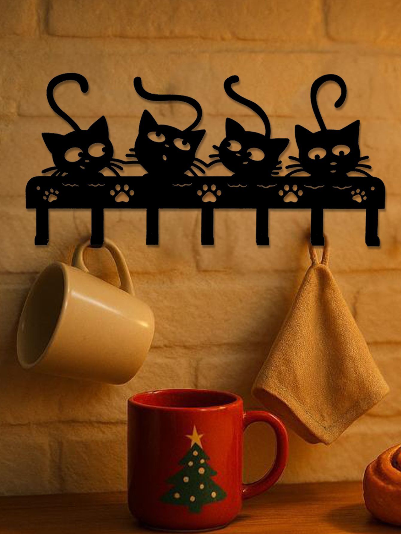 1pc Black Cats Wall Hooks Key Holder W 7 Hooks - Black Iron Wall-Mounted Rack_voghion.com