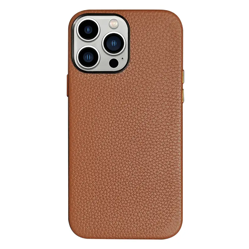 Premium Tan Leather Lychee Pattern Phone Case