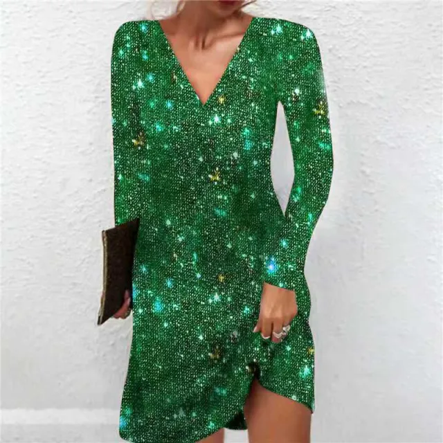Elegant V Neck Sparkly A Line Midi Dress Women's Solid Color Sequin Long Sleeve Party Dress For Evening Green - Shop at LoveMi