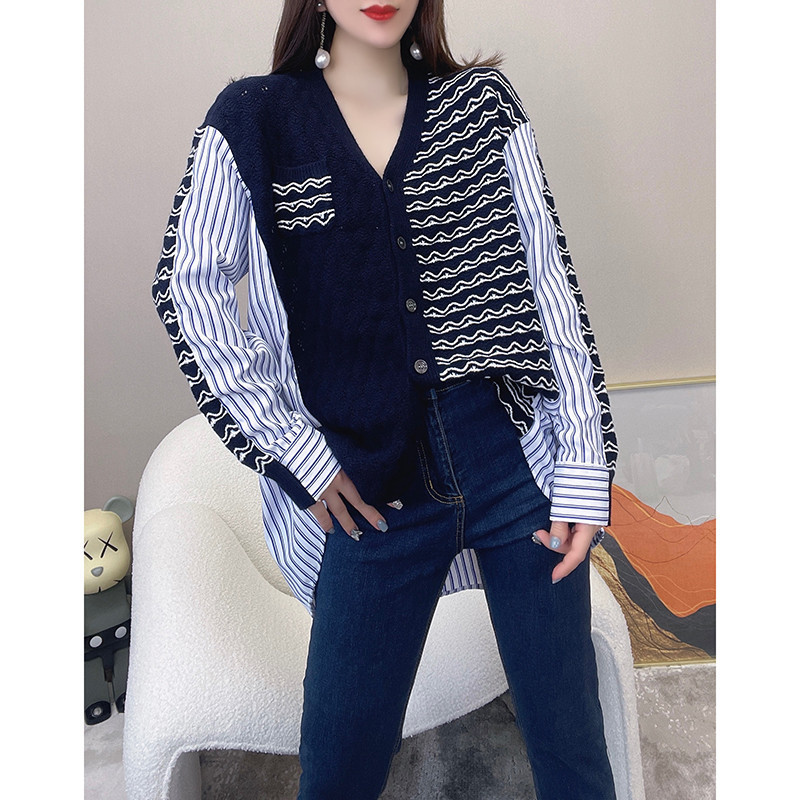 Fashionable V neck Stitching Striped Loose Thin Top Navy - Shop at LoveMi