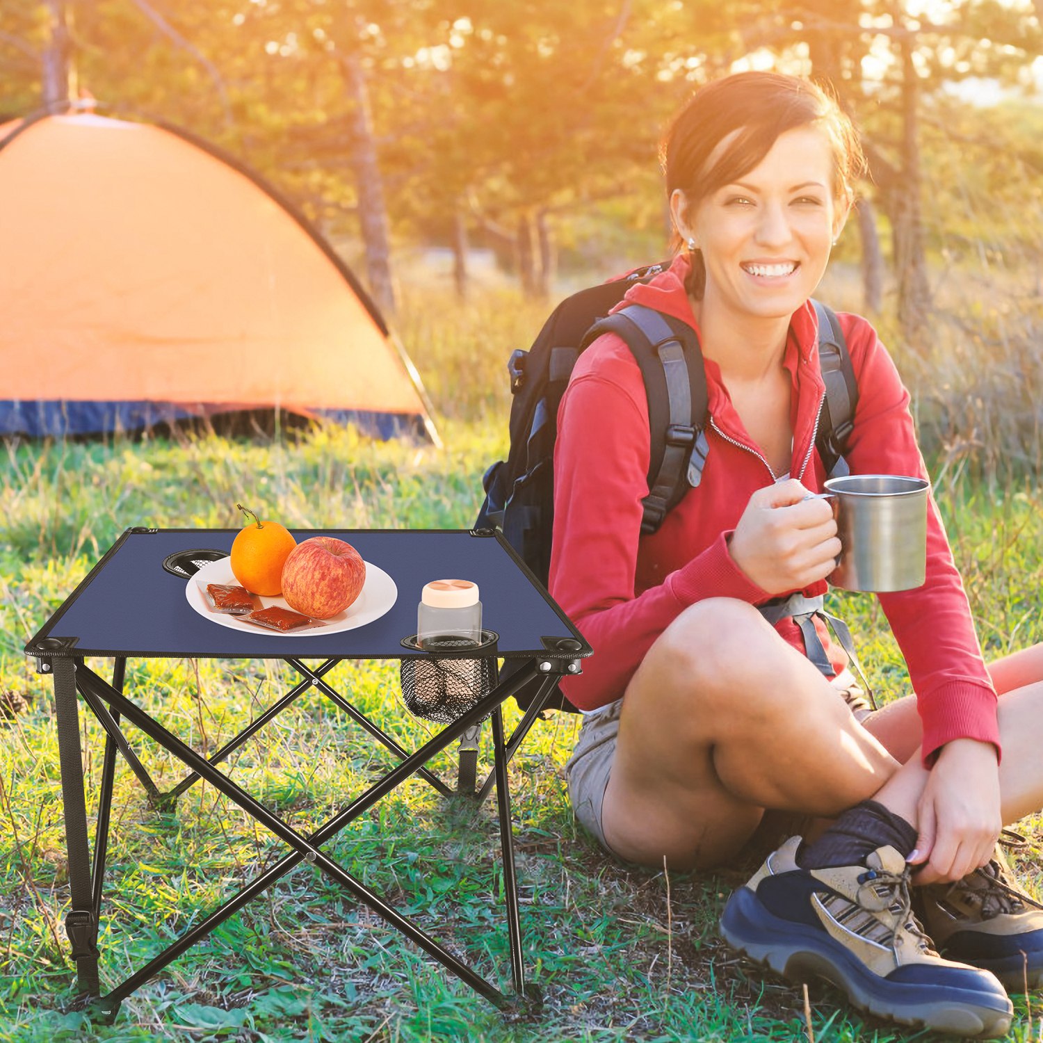 1Pc 2Pc Options Foldable Camping Table Portable Picnic Table Lightweight Travel Desk With 2 Cup Holders Carrying Bag Color Options Black Orange Green Red Blue Navy Blue image 28