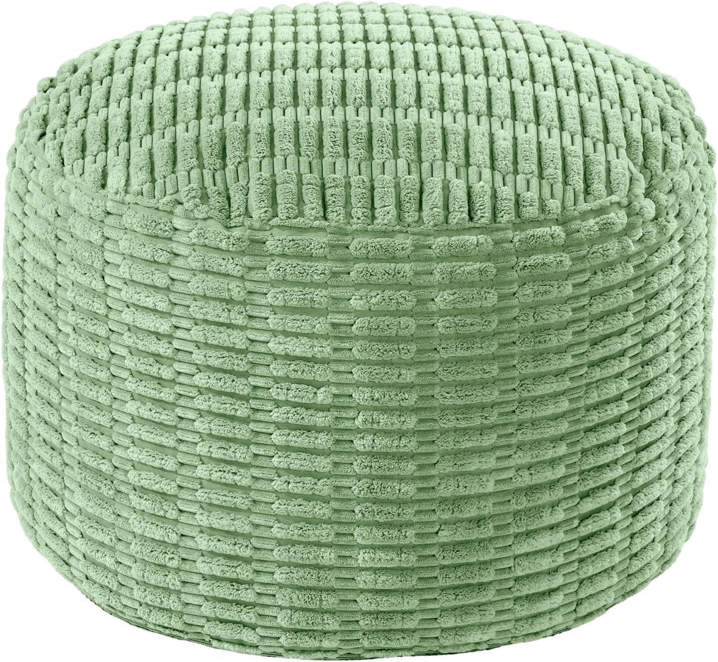 Unstuffed Ottoman Pouf Cover, Round Faux Fur Footstool With Storage, Fuzzy Floor Bean Bag Cover, Sage Green Striped Tufted