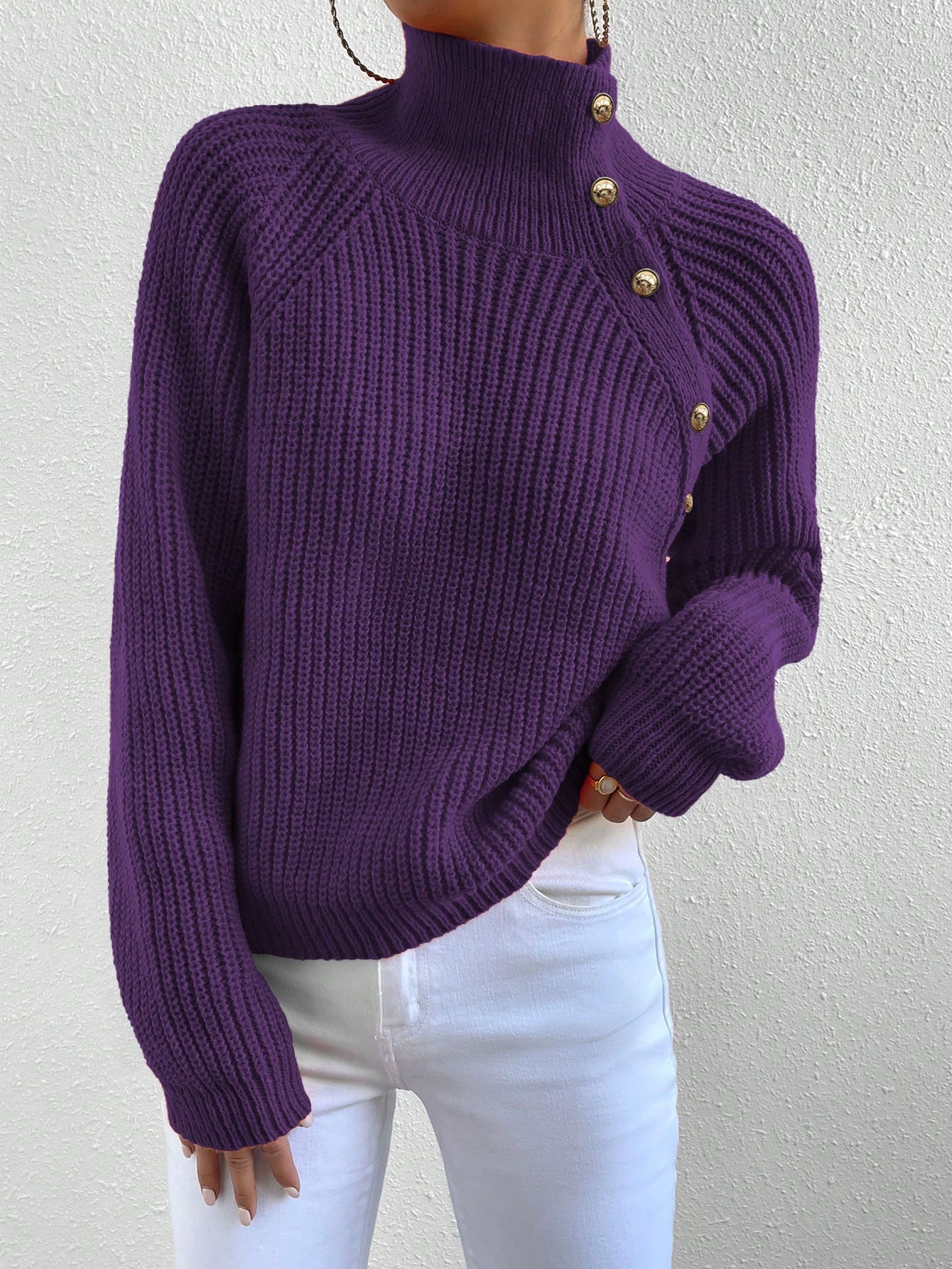 Women Casual Solid Color High Neck Raglan Sleeve Button Decor Pullover Sweater