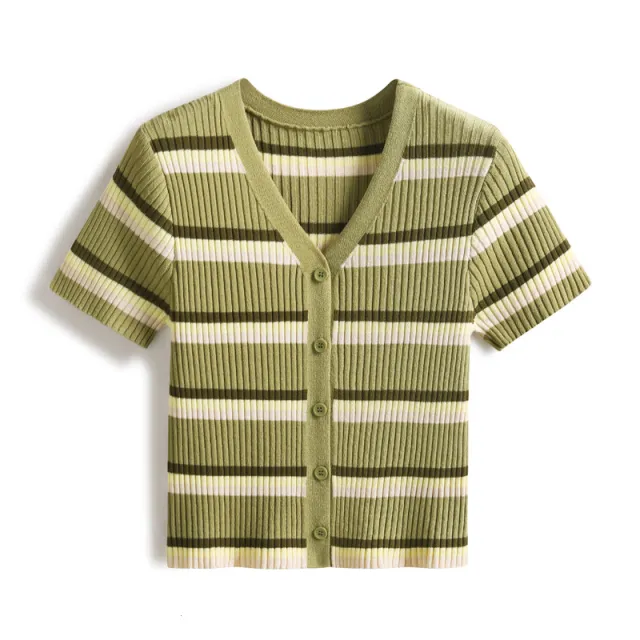 V neck Classic Striped Knitted Sweater Women's Spring And Summer New High Waist Green - Shop at LoveMi
