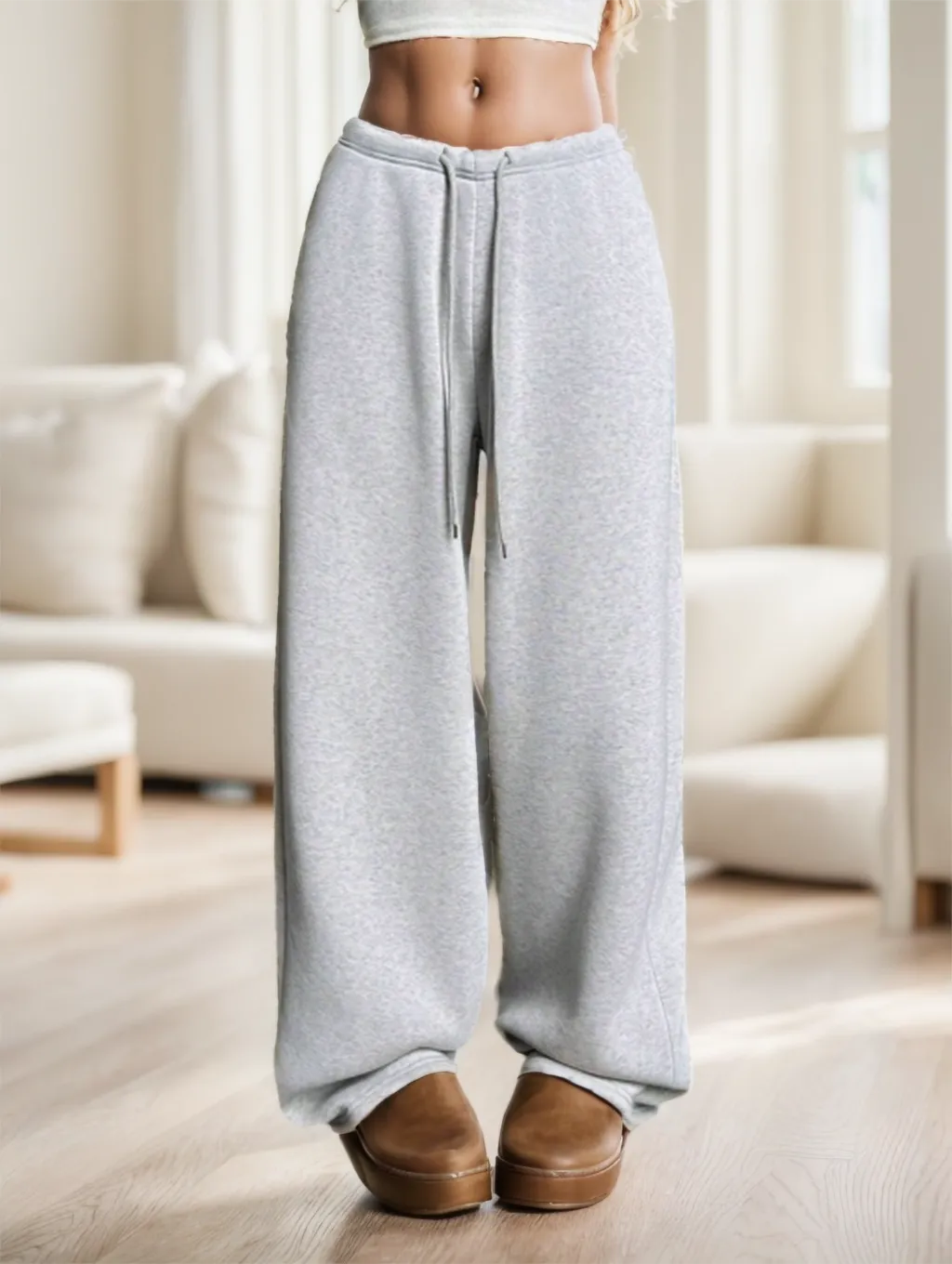Women's Casual Simple Solid Color Loose Wide Leg Sweatpants - Grey