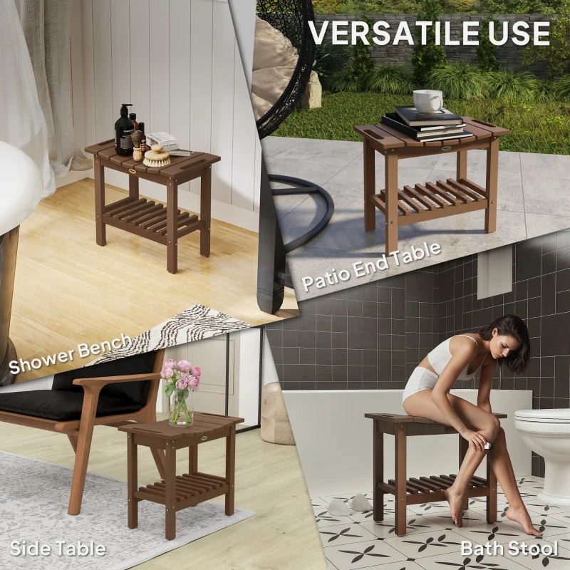 HDPE Shower Bench, Waterproof Shower Stool With Handle, Storage Shelf, Non-Slip Pads For Indoor Outdoor, Brown