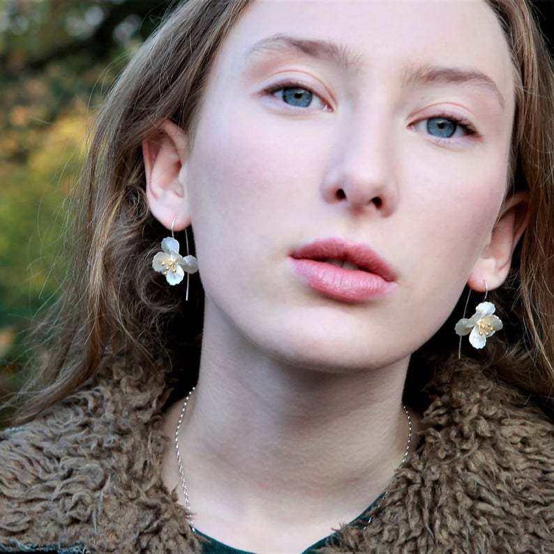 Thailand Craft Flower Tassel Long Silvering Earrings