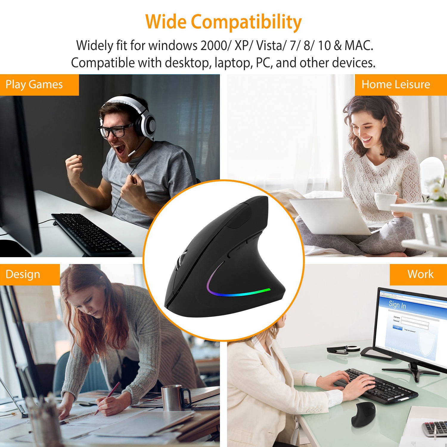 2.4G Wireless Vertical Mouse Ergonomic Optical Mice With 6 Buttons 3 Adjustable DPI 800 1200 1600 Levels For Laptop PC Computer