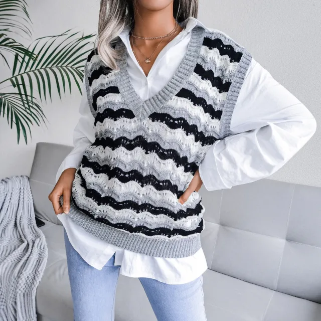 Round Neck Hollow Leaf Casual Knitted Vest Sweater A Grey - Shop at LoveMi
