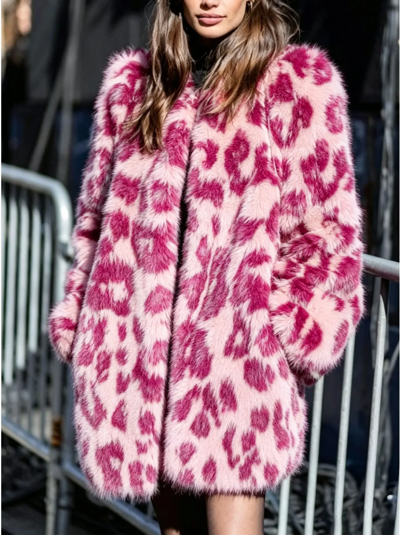 Ladies Collarless Loose Fit Leopard Fuzzy Outerwear