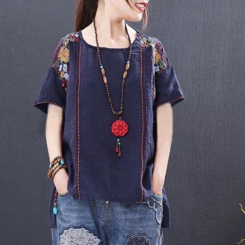 Literary Small Floral Embroidery Cotton And Linen T shirt Blue - Shop at LoveMi